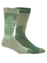 Calcetines de largo medio en fibra de bambú, color verde pino, con un diseño de montaña o paisaje en tonos de verde. Ofrecen suavidad, frescura, propiedades antibacterianas y alta absorción.