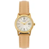 Reloj Casio para mujer con caja dorada, esfera plateada con números romanos y correa de cuero color beige.