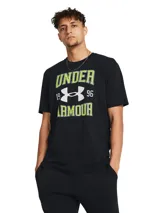 Remera negra de algodón con logo y texto de la marca Under Armour en color verde flúor.