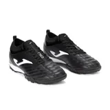 Championes deportivos Joma para fútbol 5, color negro con detalles en blanco. Fabricados en material sintético Fibertech resistente y ligero, con sistema de transpiración VTS y contrafuerte trasero EXO Counter.