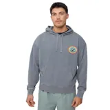 Buzo canguro gris con capucha y bolsillo canguro frontal. Presenta un parche circular estampado con motivos de sol y olas en tonos naranja, amarillo, turquesa y negro en el pecho.