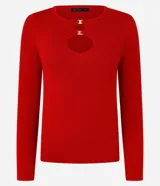 Blusa marrón de mangas largas confeccionada en viscosa, con cuello redondo y aberturas circulares en el busto con detalles metalizados.