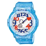 Reloj Baby-G Casio celeste transparente con números de colores y un corazón rojo en lugar del número 3.