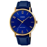 Reloj analógico Casio LTPVT01GL-2BUDF para mujer, con caja dorada de 35mm, esfera azul y correa de cuero azul. Resistente al agua hasta 30 metros.