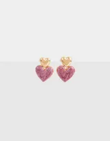 Aros colgantes cortos con corazones de glitter rosado y dorado.
