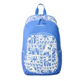 Mochila Rip Curl modelo Ozone 2.0 de 30 litros, color azul con estampado blanco de estilo surf/floral que incluye texto como "SUN", "WAVES" y "RIP CURL". Presenta un compartimento principal y un bolsillo frontal con cierre.