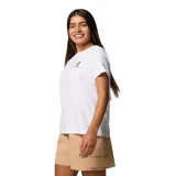 Remera blanca de algodón orgánico con cuello redondo y logo de Columbia estampado en el pecho.