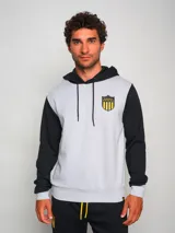 Canguro gris con mangas y capucha negras, con escudo del Club Atlético Peñarol en el pecho.