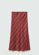 Falda midi de corte recto con estampado de cuadros en tonos rojo, marrón y rosa.