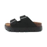 Sandalia marrón con doble tira y hebillas metálicas.