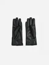 Guantes negros de cuero sintético con detalle de piel sintética en el puño y tres botones decorativos.