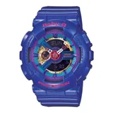 Reloj Casio Baby-G modelo BA112-2ADR, con caja y correa de resina color violeta. Esfera multifunción con detalles en dorado, celeste y rojo.