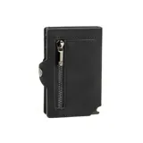 Billetera negra de cuero genuino con caja de aluminio incorporada para tarjetas, sistema de deslizamiento para extraer las tarjetas, protección RFID, espacio para libreta de conducir y propiedad, sección para billetes y clip para 5 tarjetas.