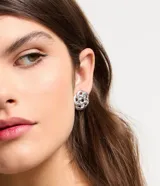 Conjunto de collar corto y caravanas pequeñas con diseño de serpientes entrelazadas, color plateado. El collar tiene cadena de serpiente y las caravanas tienen forma de flor.