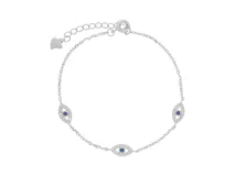 Pulsera de plata 925 con cadena de eslabones y tres dijes en forma de ojo turco con circonitas y centro azul.