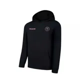 Buzo canguro negro con capucha y cordones ajustables. Presenta el escudo del Inter de Miami en el pecho y la palabra "Miami" en rosa.