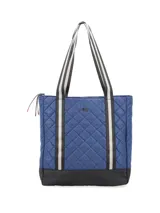 Bolso tipo shopper acolchado color verde militar con base negra y asas de cinta con rayas negras, blancas y grises.