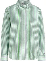 Camisa de corte amplio, a rayas verticales verdes y blancas, con cuello inglés, cierre frontal con botones y logo de Tommy Hilfiger bordado en el puño.