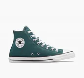 Championes Converse Chuck Taylor All Star de caña alta, color verde azulado, con cordones blancos y suela de goma blanca con línea negra.
