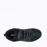 Bota de senderismo Merrell Accentor 3 Mid WP, color negro, de media altura, con capellada de gamuza y malla impermeable, cordones y correas reciclados, lengüeta de fuelle, puntera de goma protectora, forro de malla reciclada, plantilla de EVA removible, vástago de arco de nylon moldeado, entresuela de espuma EVA y suela de goma adherente.