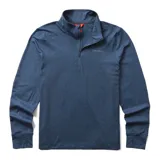Buzo gris de poliéster reciclado y spandex, con cuello alto y cierre de cremallera hasta el pecho. Tiene mangas largas con orificios para los pulgares y logo de la marca en el pecho.