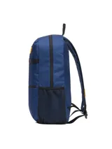 Mochila unisex color azul marino con logo Caterpillar (CAT) en parche amarillo en la parte superior frontal. Presenta un bolsillo frontal con cierre, bolsillos laterales de malla negra y correas ajustables de malla transpirable.