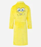 Bata de baño amarilla de fleece con mangas largas, bolsillos y lazo en la cintura. Tiene un bordado de Bob Esponja en la espalda.