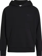 Buzo negro con capucha y cordones ajustables, bolsillo tipo canguro y logo de la marca en el pecho.