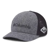 Gorra de béisbol Columbia color beige con paneles traseros de malla azul marino y logo de la marca bordado en el frente.