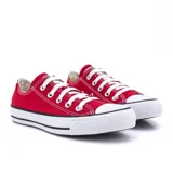 Championes Converse Chuck Taylor All Star Core Ox de lona color rojo con suela de goma blanca y cordones blancos.