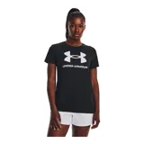 Remera blanca de mujer Under Armour de manga corta con logo estampado en el frente en tonos celeste y azul.