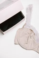 Pack de dos soutiens con aro entero, copa reforzada y breteles anchos, ideal para bustos grandes. Uno es color negro con detalles de puntilla en el escote y breteles, y el otro es color tostado con detalles de puntilla blanca en el escote y breteles.