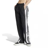 Pantalón deportivo negro con cintura elástica, corte recto y botones a presión laterales con las tres tiras blancas características de Adidas.