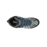 Bota de trekking Merrell Accentor 3 Mid WP para hombre, color gris con detalles en negro y azul. Fabricada con membrana impermeable, capellada de ante y malla reciclada, puntera de goma protectora y suela de goma adherente.