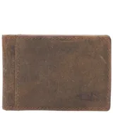 Billetera marrón de cuero natural con clip magnético para billetes y tecnología RFID.