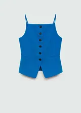 Chaleco azul con tirantes finos, cuello halter, cierre delantero con botones y diseño entallado.