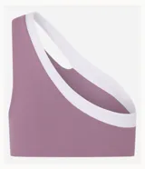 Top deportivo de microfibra color lila con detalle bicolor blanco, hombro único, escote asimétrico y gota vazada.