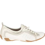 Zapatilla urbana blanca con detalles dorados, de cuero y tela calada. Cuenta con cordones, suela antideslizante Bounce® y plantilla extraíble de poliuretano con inserto de gel en el talón.