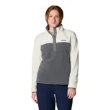 Buzo polar Columbia Benton Springs para mujer, de corte clásico, con cuello alto y cierre parcial con botones a presión. Diseño en bloques de color: blanco en la parte superior y gris en la inferior.