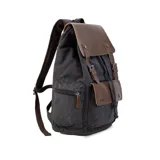 Mochila negra de tela canvas con detalles en símil cuero marrón, cierre superior marinero, bolsillos internos y externos con cierre metálico, asas rígidas y correas ajustables.