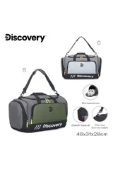 Bolso deportivo gris con detalles en verde y negro, con logo de Discovery en blanco. Tiene doble asa de mano, correa de hombro ajustable y desmontable, bolsillo frontal con cierre y bolsillos laterales con cierre.