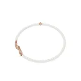 Collar de perlas de cristal blancas con cierre magnético y dos dijes en forma de pluma bañadas en tono oro rosa, con pavé rosa y una Swarovski Zirconia.