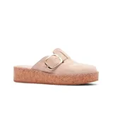 Zueco abierto color beige de Skechers, modelo BOBS Rosey Rise - On Parade. Capellada de gamuza vegana con hebilla y plantilla acolchada Skechers Memory Foam sobre entresuela de plataforma revestida de corcho.