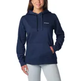 Buzo Columbia de mujer color azul marino, con capucha ajustable con cordón, bolsillo tipo canguro y logo estampado en el pecho.