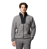 Campera polar Columbia Sequoia Grove color gris con detalles en negro, cierre frontal completo, cuello alto, bolsillos laterales con cierre y logo bordado en el pecho.
