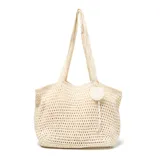 Bolso tipo tote tejido al crochet color hueso, con doble asa tejida para llevar al hombro o en la mano. Tiene cierre superior, forro interior textil a tono y bolsillo interno con cierre.