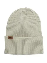 Gorro de lana color crema con etiqueta de cuero sintético con logo en el borde.