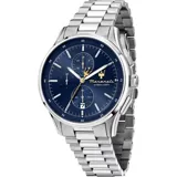 Reloj Maserati Sorpasso con caja de acero plateado de 42mm y esfera azul sunray. Cuenta con brazalete metálico plateado, cristal mineral resistente, cronógrafo y fechador. Resistente al agua hasta 100 metros. Incluye 2 años de garantía en la maquinaria.