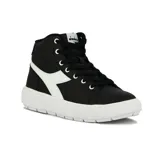 Zapatillas altas de mujer color negro con detalles en blanco, diseño deportivo y suela blanca.