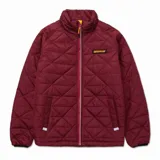 Campera acolchada color bordó con cierre frontal, cuello alto y logo de Caterpillar en el pecho.